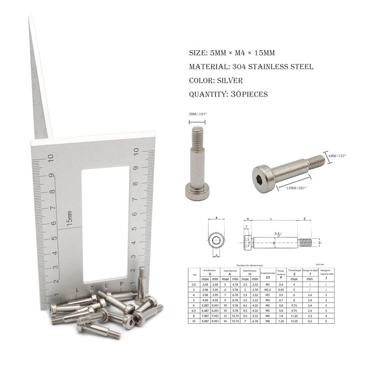 SCXCLY 30pcs Hex Socket Shoulder Bolt, 5mm x M4 x 15mm Hex Socket Shoulder Bolt, 304 Stainless Steel (Silvery) - Image 2